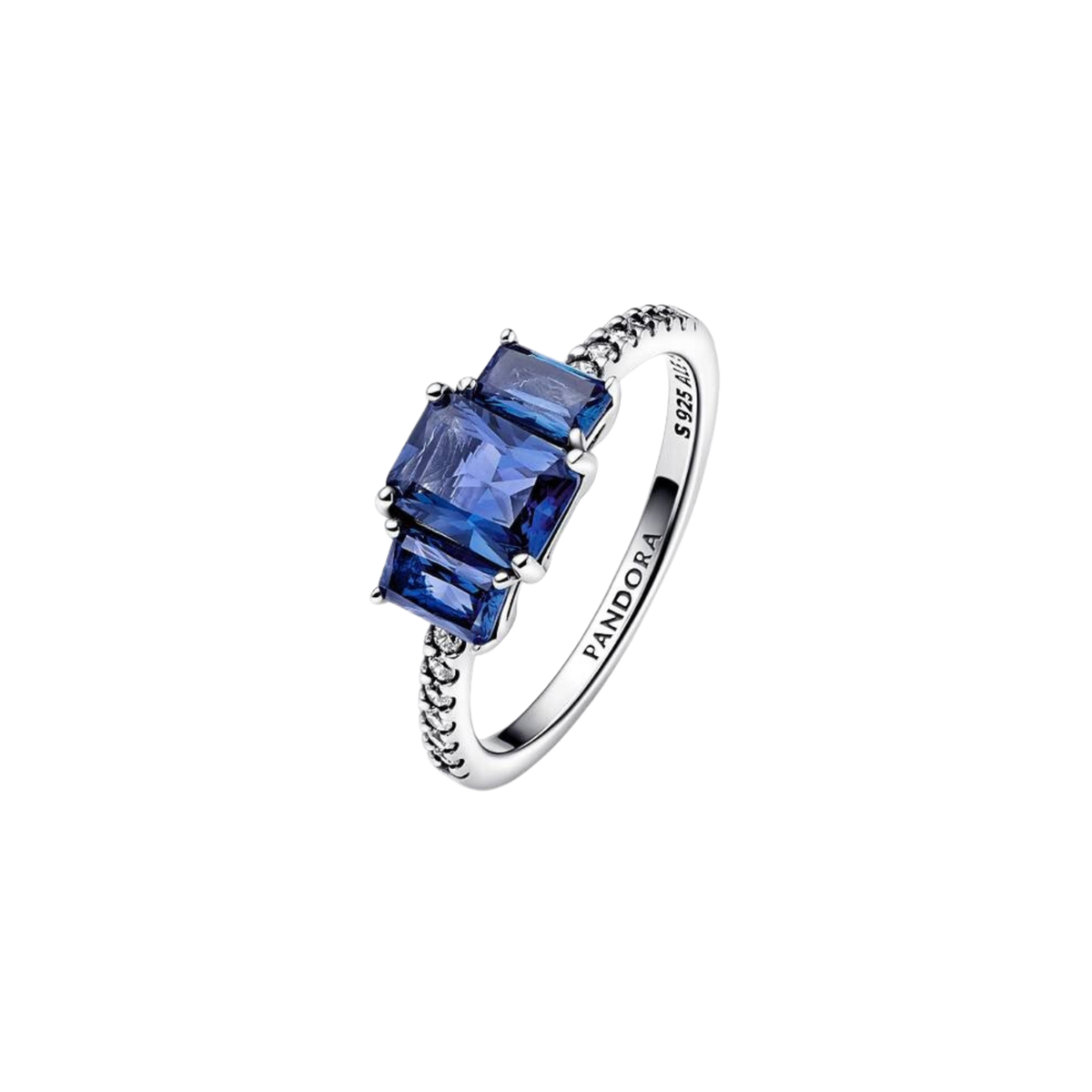 Anello Pandora scintillante con tre pietre rettangolari blu - Bijuvera