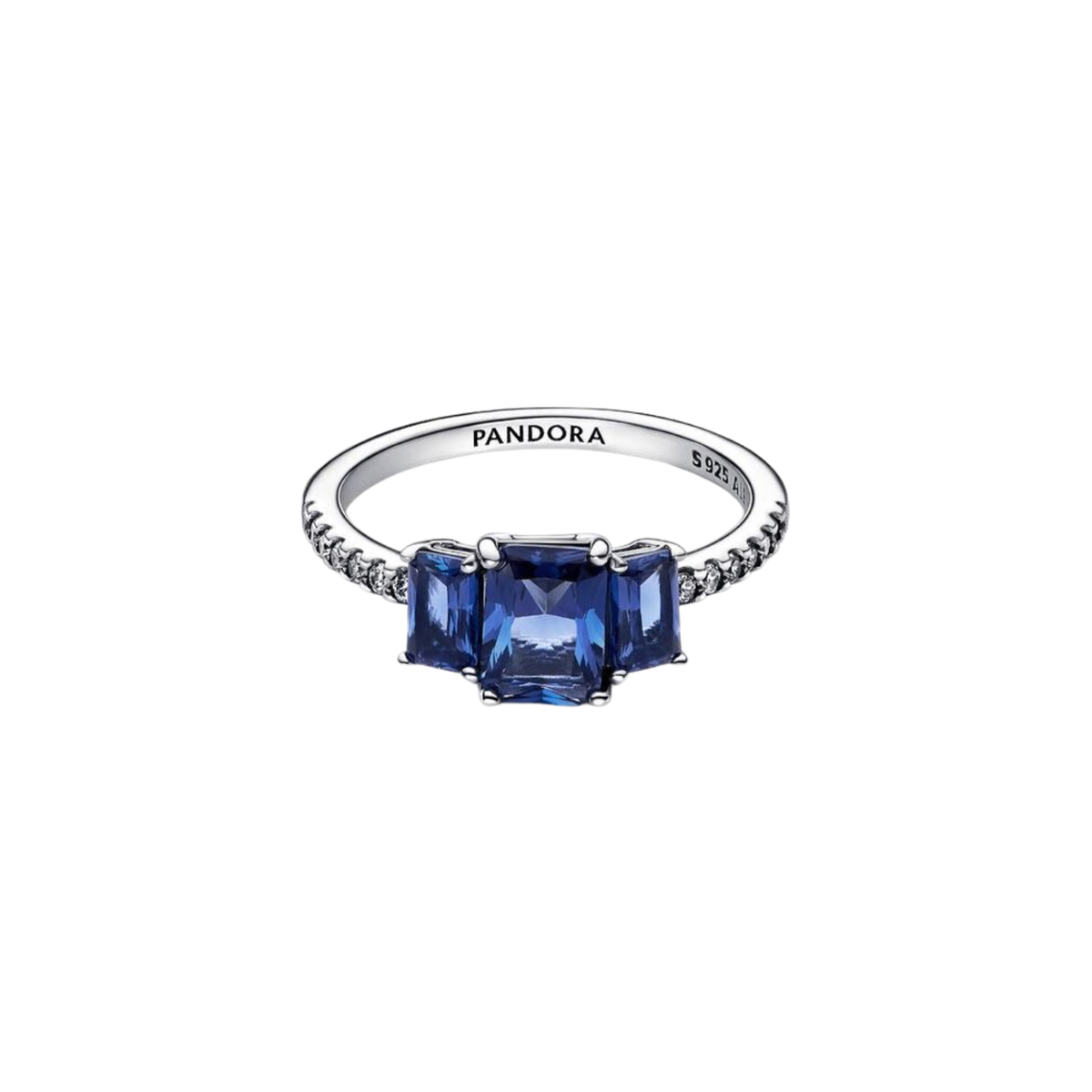 Anello Pandora scintillante con tre pietre rettangolari blu - Bijuvera