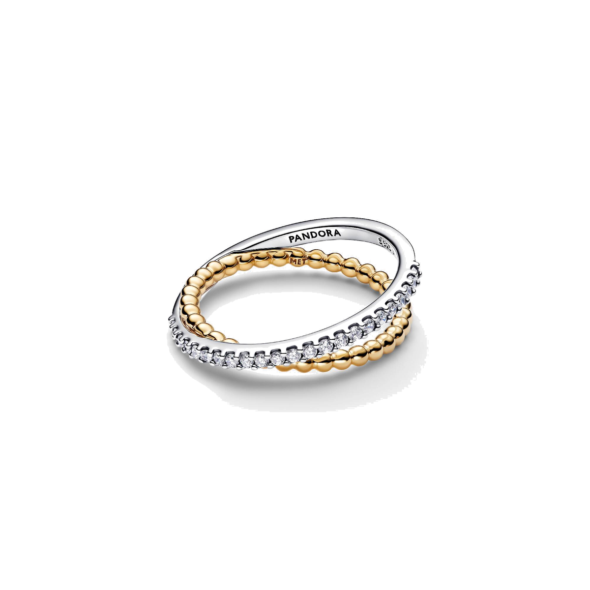 Anillo Pandora Banda Doble Cruzada Cuentas y Pavé - Bijuvera