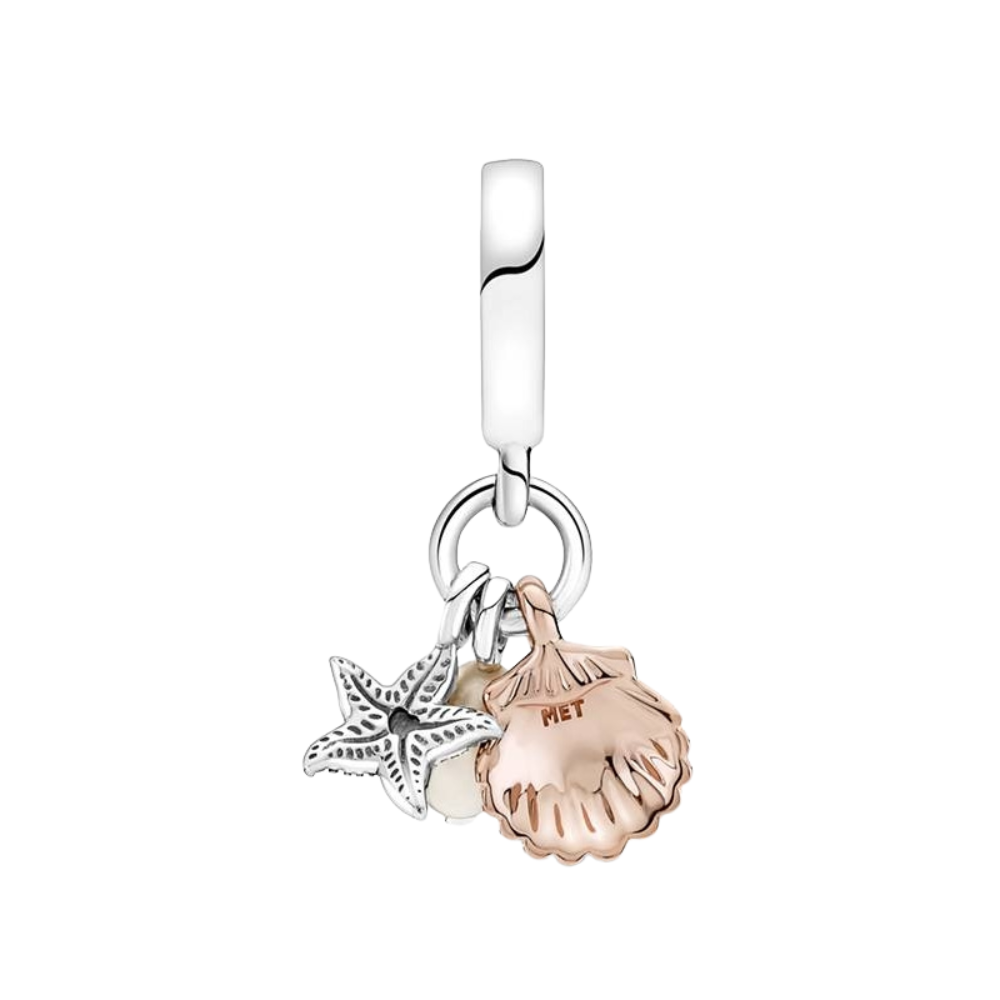 Charm Pandora Colgante Triple Perla Cultivada de Agua Dulce, Estrella de Mar y Concha - Bijuvera