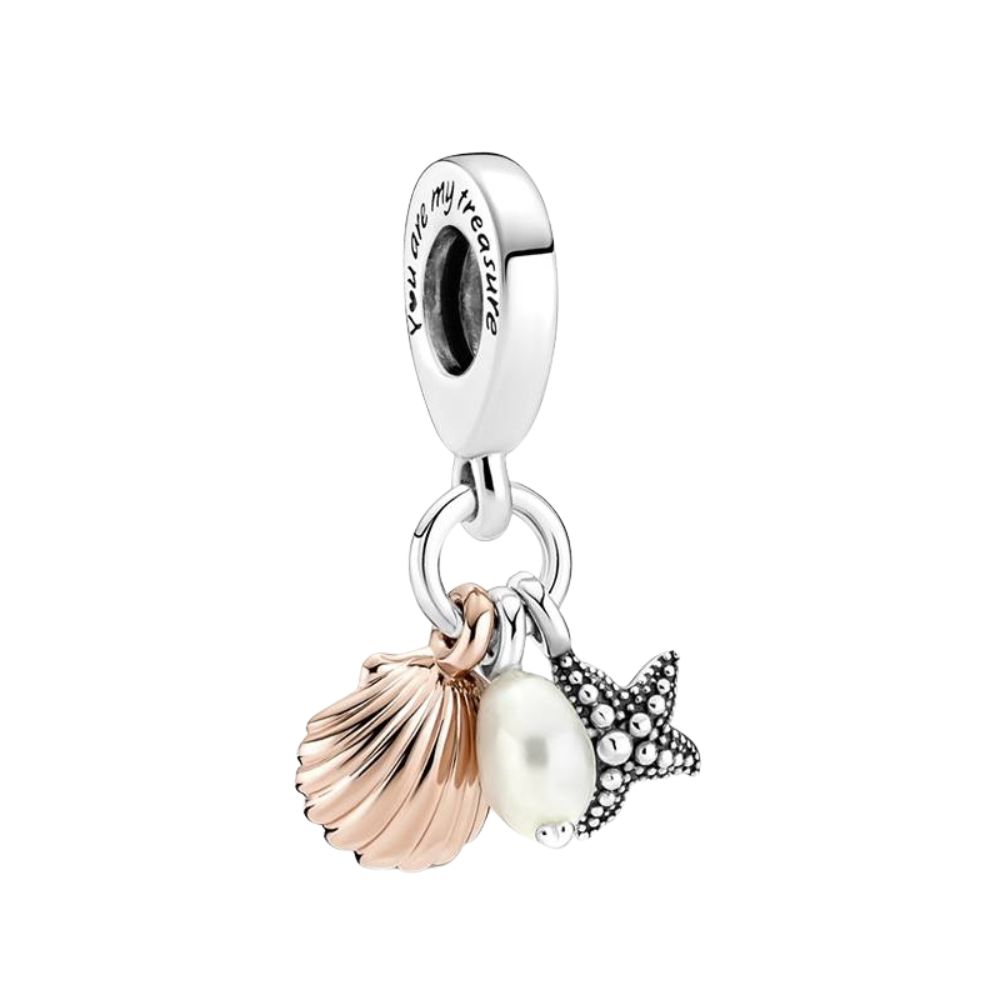 Charm Pandora Colgante Triple Perla Cultivada de Agua Dulce, Estrella de Mar y Concha - Bijuvera