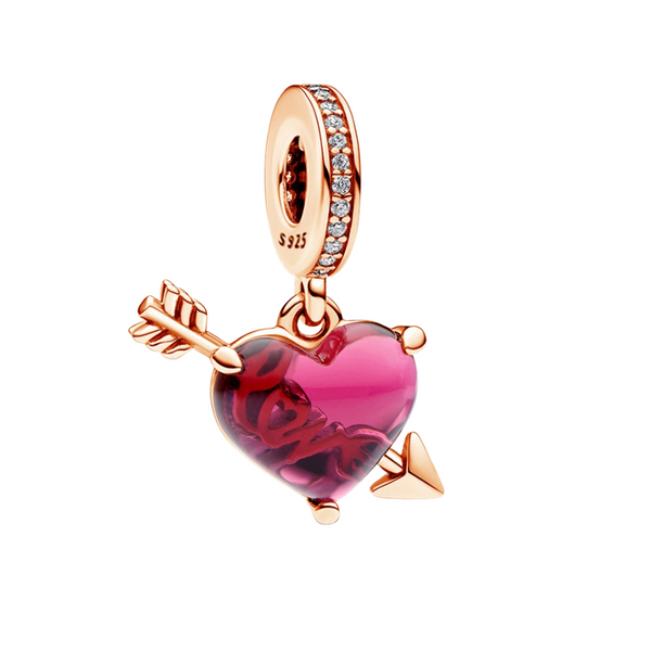 Charm Colgante de Cristal de Murano Corazón Rojo y Flecha Color Oro Rosa  - Bijuvera