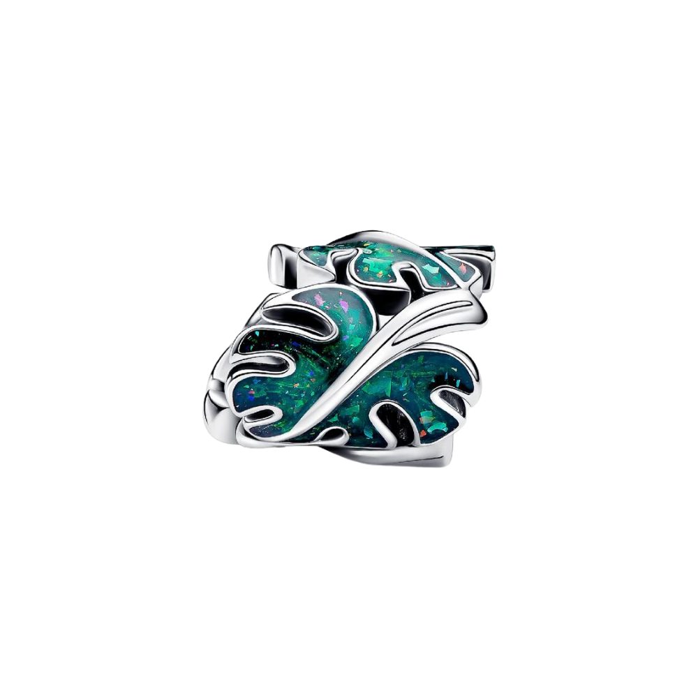 Charm Pandora Hojas de Monstera Verdes en Plata de Primera Ley