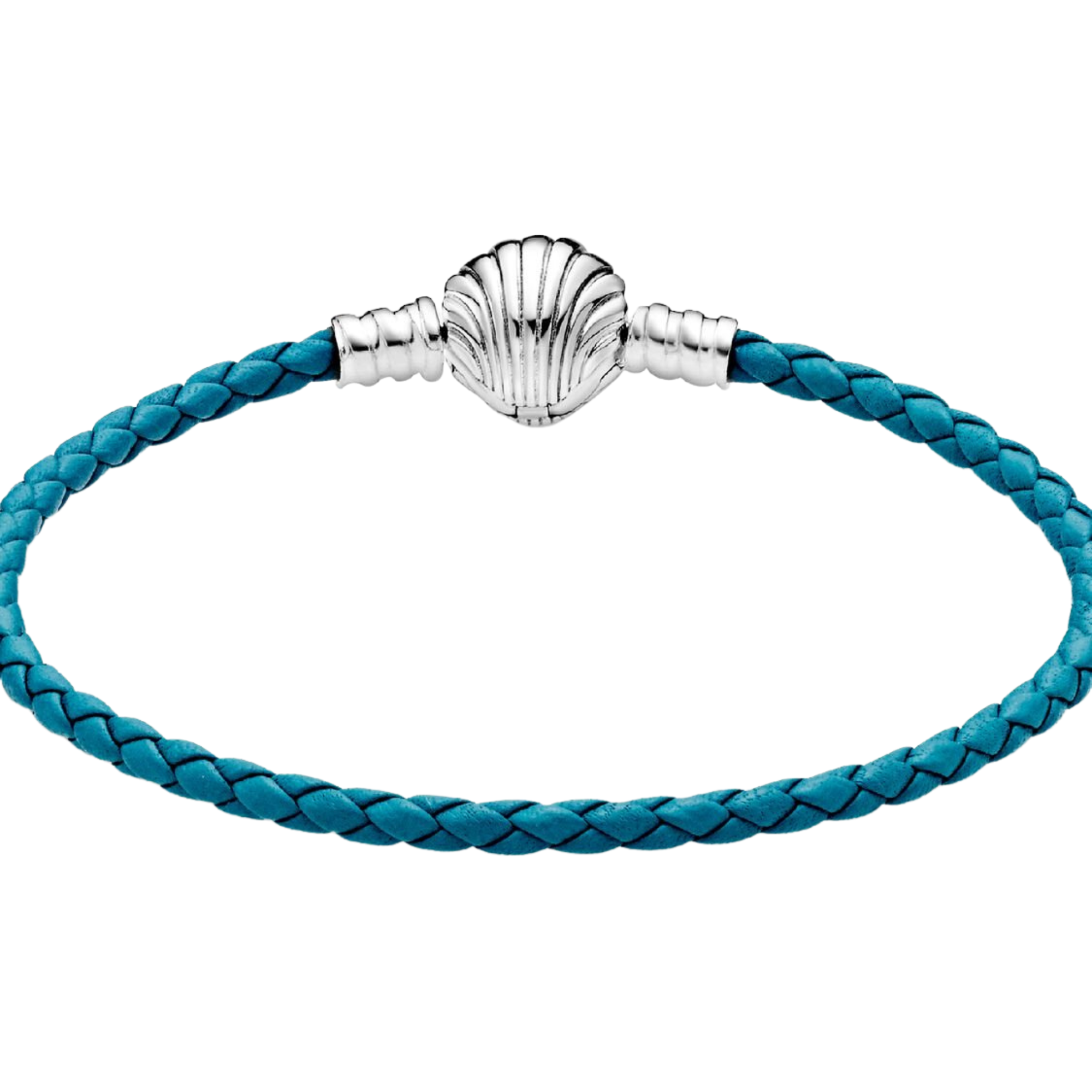 Pulsera Pandora Moments en Cuero Trenzado Turquesa con Cierre de Concha - Bijuvera