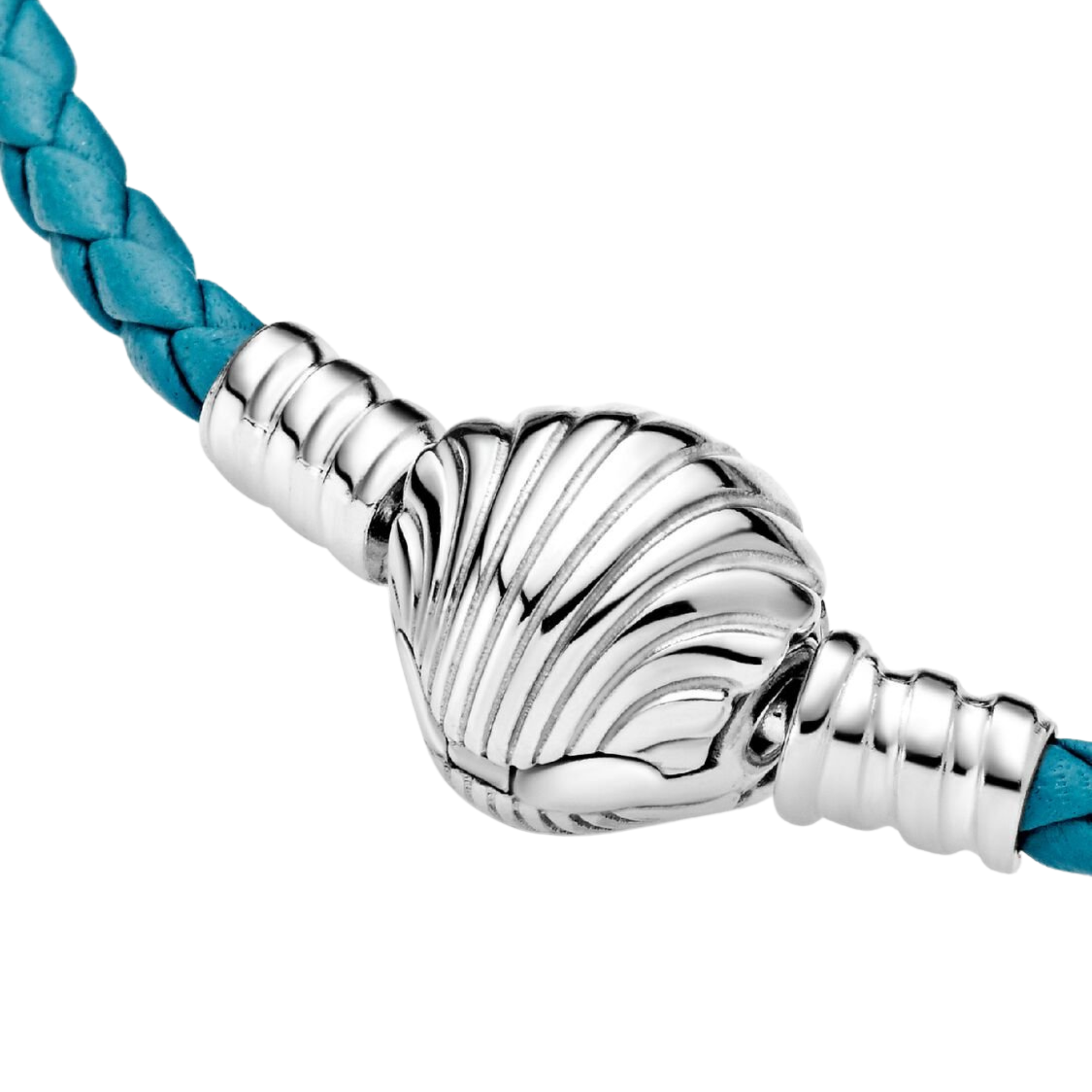 Pulsera Pandora Moments en Cuero Trenzado Turquesa con Cierre de Concha - Bijuvera