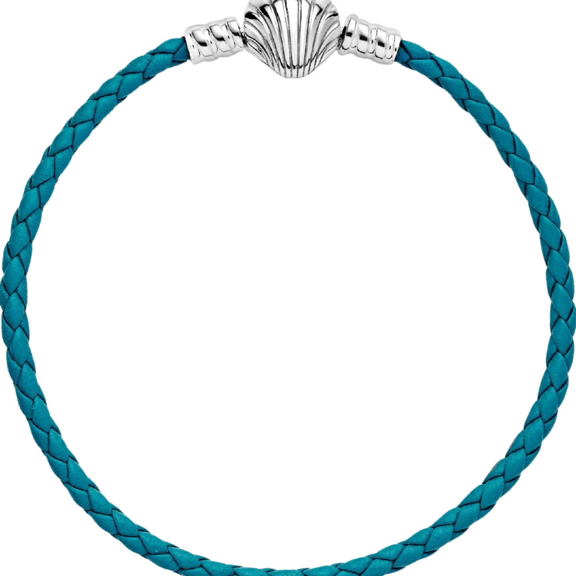 Pulsera Pandora Moments en Cuero Trenzado Turquesa con Cierre de Concha - Bijuvera