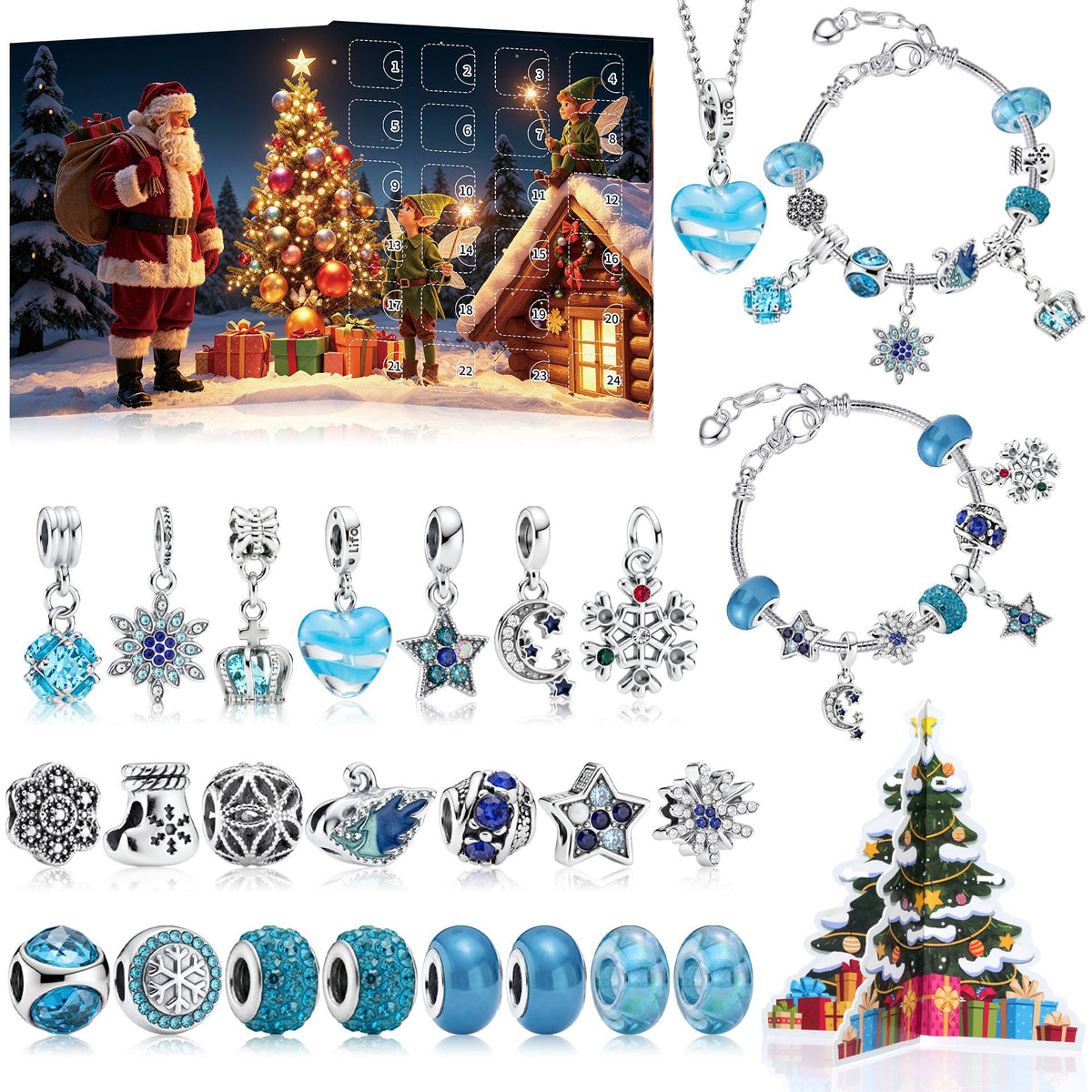 Calendario Adviento Joyas Cabaña Nevada Azul Hielo – Pulsera y Charms